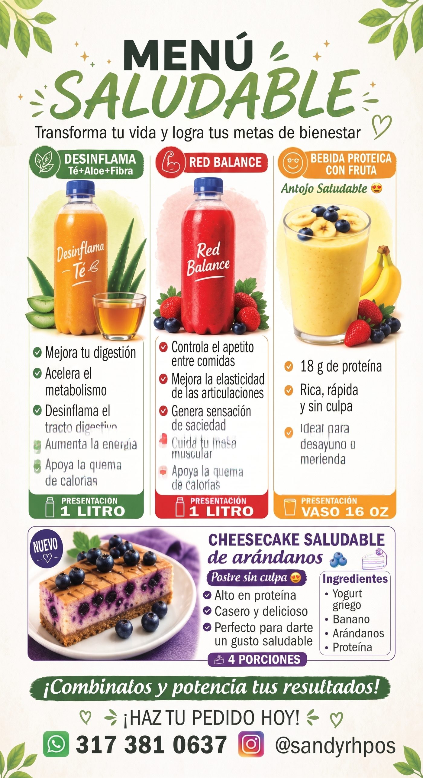 Menú saludable completo: desinflama, Red Balance, bebida proteica y cheesecake